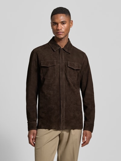 Profuomo regular fit overshirt van geitenleer Donkerbruin - 4