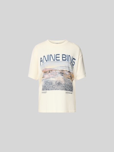 Productfoto, Regular Fit T-Shirt mit Logo-Print van Anine Bing, puur katoen, ronde hals, logo- en printmotief, ruglengte maat S 60 cm, crèmekleurig met blauwe en beige accenten