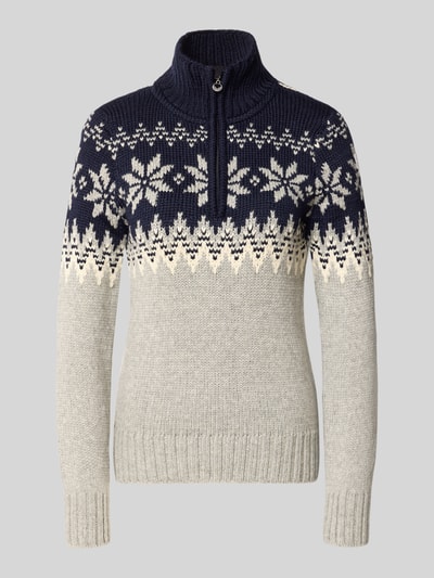 Produktfoto, Strickpullover aus Woll-Mix mit Stehkragen Modell 'Myking' von Dale of Norway, Allover-Look in Dunkelblau und Creme, sichtbare Strickstruktur, Regular Fit, Reißverschluss, Damen Strickpullover