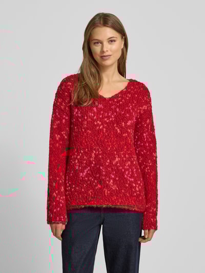 Milano Italy Strickpullover mit V-Ausschnitt und überschnittenen Schultern Hellrot Melange 4