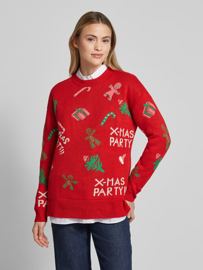 Vero Moda Comfort Fit Weihnachtspullover mit Allover-Muster Modell 'XMASPARTY' Rot 4