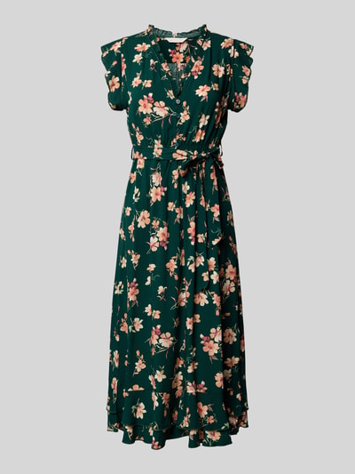 Produktfoto, Kleid aus Viskose mit Bindegürtel und Volantsaum von Apricot, Damen Midikleid mit floralem Muster, Taillierter Schnitt, V-Ausschnitt, kurze Knopfleiste, Rückenlänge 94 cm, Brustweite 51 cm, Ärmellänge 7 cm