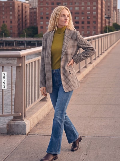 Frauenmodel trägt blaue Slim Fit Jeans aus Baumwoll-Mix Modell 'Miva strong' von OPUS, kombiniert mit kariertem Blazer und grünem Oberteil, Hintergrund mit urbaner Kulisse, Ganzkörperansicht von vorne, Damen Slim Fit Jeans von OPUS, KI-modifiziertes Bild.