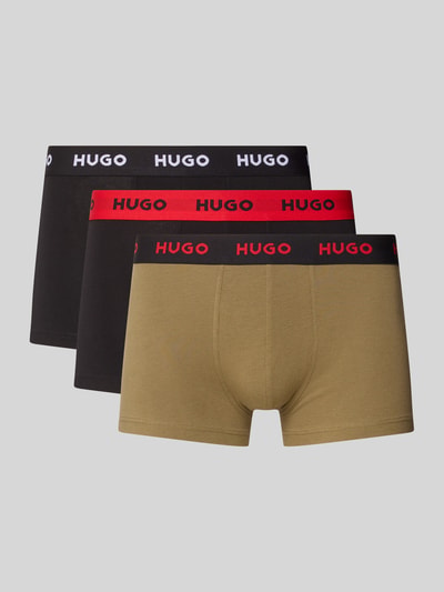 Produktfoto, Trunks aus Baumwoll-Mix mit elastischem Label-Bund im 3er-Pack von HUGO, unifarben, Jersey-Textur, schwarze, rote und olivgrüne Farbtöne