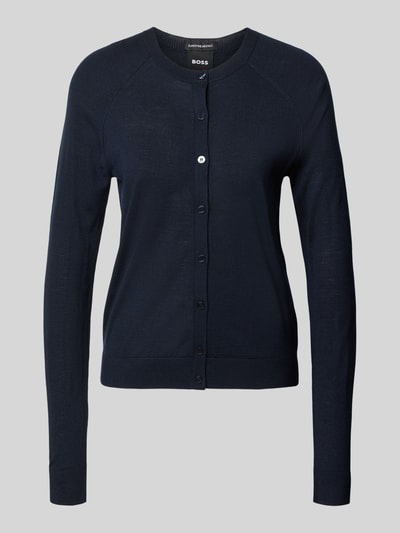Produktfoto, dunkelblaue Relaxed Fit Strickjacke aus reiner Schurwolle Modell 'FONAMI' von BOSS für Damen vor grauem Hintergrund