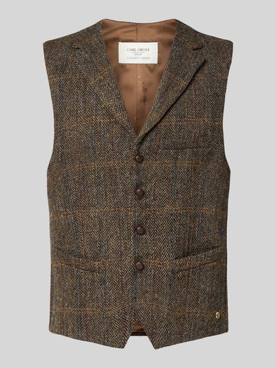 Produktfoto, Weste aus Schurwolle mit Brustleistentasche Modell 'Warner' von Carl Gross, bruin geruit, regular fit, reverskraag, knoopsluiting, borstzak, zijzakken, ruglengte 64 cm, schouderbreedte 39 cm, borstwijdte 52 cm