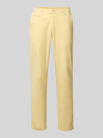 Produktfoto, Slim Fit Stoffhose mit Gesäßtaschen Modell 'Fabio' von Brax, żółty, krój slim fit, bawełna z elastanem, tylne kieszenie, przednie kieszenie, kieszonka na monety, zapięcie na guzik i zamek błyskawiczny, szerokość w rozmiarze 32/32: 44 cm, długość nogawki od wewnątrz: 81 cm