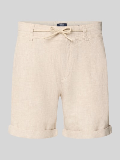 Produktfoto, Leinenshorts mit Bindegürtel und Gesäßtaschen von MCNEAL z lnu, krój straight fit, beżowy kolor, wiązany pasek, wpuszczane kieszenie, zakładka na dole, z tyłu kieszenie z wypustką, wyhaftowane logo na tyle, szerokość w rozmiarze M: 45 cm, długość wewnętrzna nogawki w rozmiarze M: 16 cm