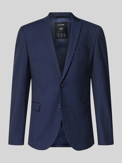 Produktfoto, Slim Fit Sakko mit Viskose-Anteil von s.Oliver BLACK LABEL in Dunkelblau mit feinen weißen Nadelstreifen und glatter Textur.