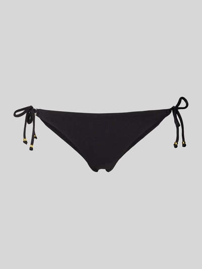 Produktfoto, Bikini-Slip mit seitlicher Schnürung von Banana Moon, schwarzer schimmernder Stoff, figurbetonter Material-Mix mit Stretch-Anteil
