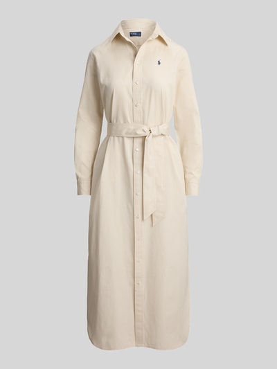 Produktfoto, Tailliertes Hemdblusenkleid aus reiner Baumwolle von Polo Ralph Lauren in Uni-Creme, Midi-Länge, Knopfleiste, Taillengürtel, Langarm mit Manschetten, Rückenpasse mit Cacharel-Falte, Logo-Stitching, Seitenschlitze
