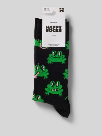 Produktfoto, schwarze Socken aus Baumwoll-Mix Modell 'Frog' von Happy Socks mit buntem Frosch-Muster und elastischem Rippenbündchen.