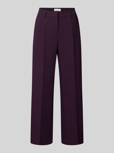 Produktfoto, Straight Fit broek met viscose van Rich & Royal in donkerpaars, met persplooien, elastische materiaalmix, haakjes- en ritssluiting, verkorte pasvorm, context: Dames broek, bandwijdte maat 36: 37 cm, binnenbeenlengte maat 36: 70 cm.