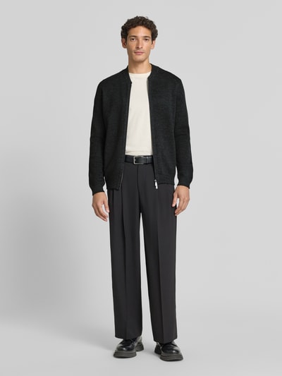 Christian Berg Men Slim Fit Strickjacke aus Baumwoll-Mix mit Stehkragen Anthrazit Melange 1