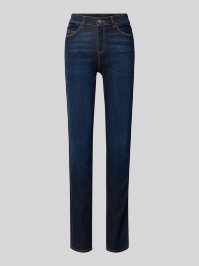 Produktfoto, Slim Fit Jeans aus Viskose-Mix mit Lyocell-Anteil von Emporio Armani in dunklem Blau, 5-Pocket-Design, glatte Textur, kontrastfarbene Nähte, Damen Jeans von Armani, elastischer Stoff, Knopf- und Reißverschluss, Bundweite 37 cm, Innenbeinlänge 85 cm