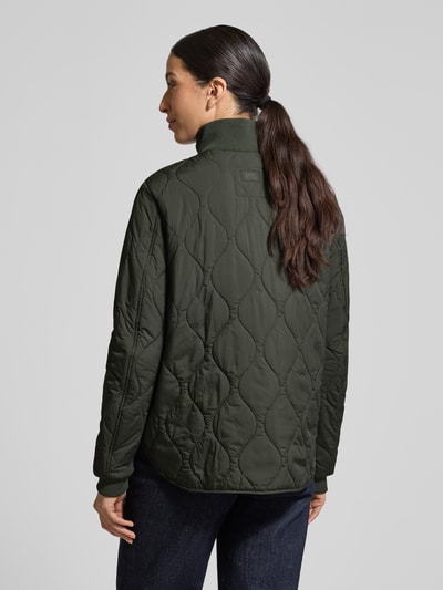 Vrouwenmodel draagt Steppjacke mit Stehkragen van camel active in donkergroen, rechte fit, elastische mouwboorden, ruglengte 66 cm, schouderbreedte 42 cm, borstwijdte 51 cm, mouwlengte 64 cm, volledige rugaanzicht.