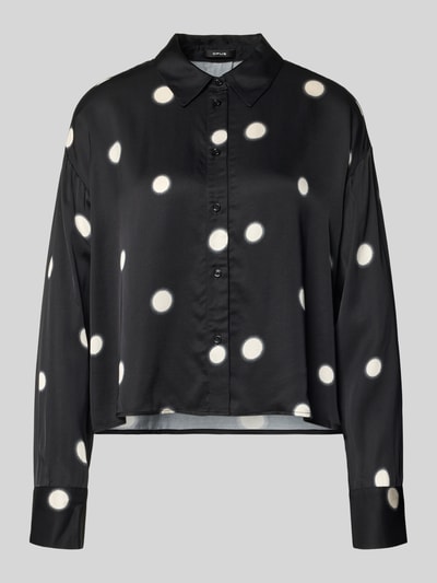 Produktfoto, Overhemdblouse met zwarte en witte stippen, zuiver viscose, los model, overhemkraag, knoopsluiting, Model 'Famena' van Opus, ruglengte 56 cm, mouwlengte 56 cm.