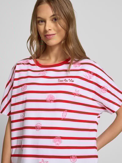 Oui T-Shirt mit Rundhalsausschnitt und Stitchings Hellrot 3