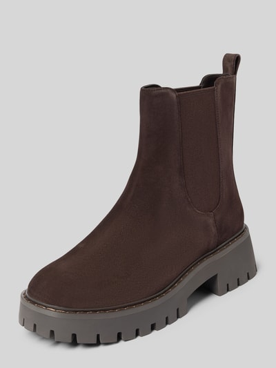 Produktfoto, Stiefel aus Leder-Mix Modell 'Asher' von MICHAEL Michael Kors in Braun, profilierte Sohle, abgerundete Passform, strukturierte Textur, Absatzhöhe 5 cm, Schafthöhe 17 cm, Schaftweite 11 cm.