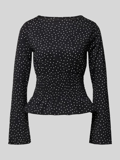 Produktfoto, Longsleeve mit Rundhalsausschnitt von Gina Tricot im schwarzen Material-Mix mit Stretch-Anteil, taillierter Schnitt, Smok-Details, feines Punktmuster, Rückenlänge bei Größe S 49 cm.