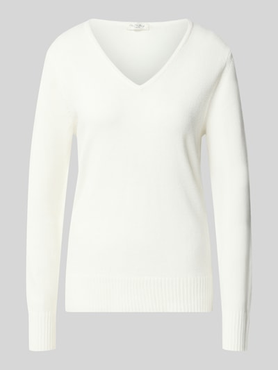 Produktfoto, Regular Fit Sweatshirt aus Viskose-Anteil von Christian Berg Woman in Weiß mit V-Ausschnitt und gerippten Abschlüssen, glatte Textur