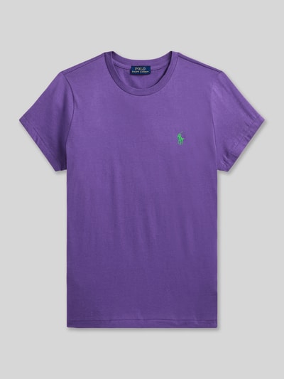 Productfoto, paars T-shirt met label-stitching van Polo Ralph Lauren, katoen, regular fit, geribde ronde hals, damesshirt, 54 cm ruglengte