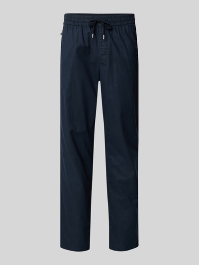 Produktfoto, dunkelblaue Straight Fit Leinenhose mit elastischem Bund Modell 'Barton' von Matinique, Baumwolle-Leinen-Mix, Gesäßtaschen, Bundweite 34 cm, Innenbeinlänge 78 cm