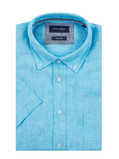 Christian Berg Men Regular fit linnen overhemd met korte mouwen  Turquoise - 1