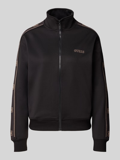 Produktfoto, Relaxed Fit Sweatjacke aus elastischem Viskose-Mix von GUESS, czarna bluza rozpinana z mieszanki wiskozy, krój relaxed fit, stójka, kamienie stras, bordiura, elastyczne wykończenia, detal z logo