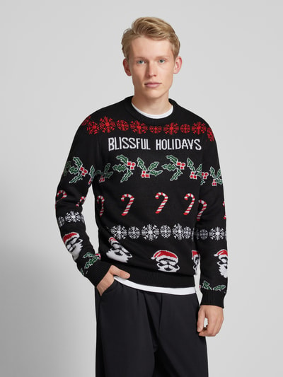 Only & Sons Gebreide pullover met motief- en statementstitching, model 'XMAS' Zwart - 4