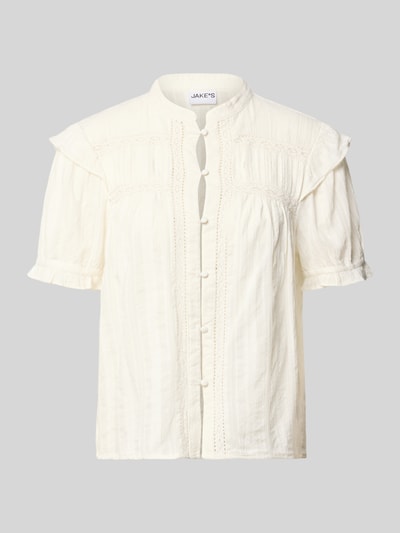 Produktfoto, Regular Fit Bluse mit Stehkragen und Häkelspitze von Jake*s Casual aus reiner Baumwolle, Knopfleiste, cremefarben, strukturierte Oberfläche.