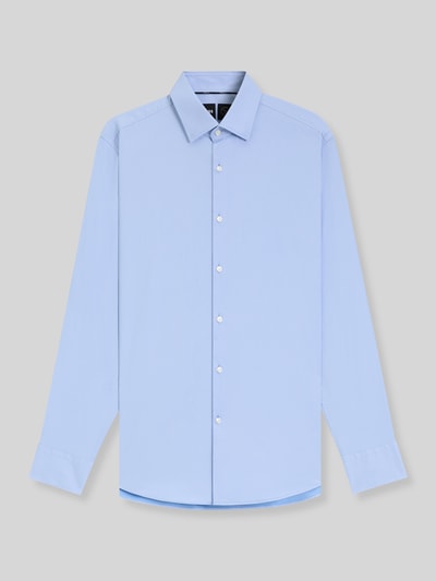 Produktfoto, Slim Fit Businesshemd aus Stretch-Twill Modell 'P-HANK-KENT-C1-222' von BOSS in Hellblau mit Kentkragen, glatter Struktur, durchgehende Knopfleiste und langen Ärmeln auf neutral grauem Hintergrund