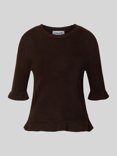 Produktfoto, Longsleeve mit Viskose-Anteil von MORE & MORE in Dunkelbraun mit Strick-Optik und Rüschenbesatz, körpernahe Passform
