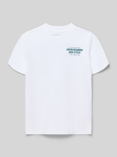 Produktfoto, weißes T-Shirt aus Baumwoll-Mix mit dezentem Label-Print CITY STACK von Abercrombie&Fitch, gerade Passform, Rundhalsausschnitt