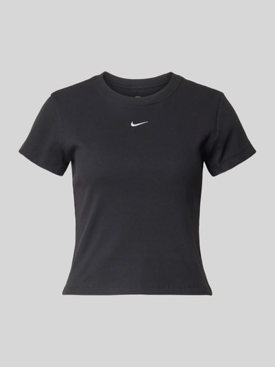 Produktfoto, Cropped T-Shirt in Ripp-Optik mit Logo von Nike, Damen T-Shirt aus schwarzem Baumwoll-Elasthan-Mix mit Rundhalsausschnitt