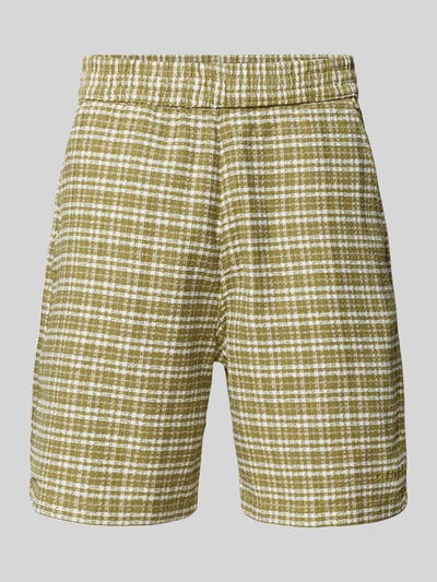 Produktfoto, Shorts mit Strukturmuster Modell 'Kander' von Carhartt Work In Progress in Grün-Weiß, Regular-Fit aus Reine Baumwolle, elastischer Bund, Gesäß-Paspeltasche, Bundweite 40 cm, Innenbeinlänge 19 cm bei Größe M.