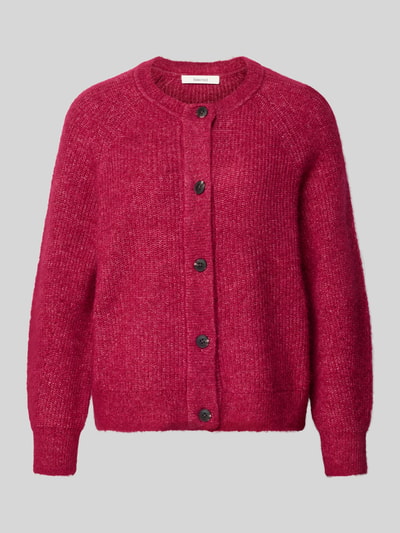 Produktfoto, Regular Fit Strickjacke aus Woll-Mix mit Alpaka-Anteil Modell 'LULU' van Selected Femme, effen melange rood, gebreide structuur, ronde hals, lange raglanmouwen, rechte pasvorm, knoopsluiting.