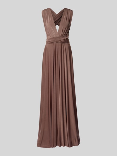 Produktfoto, Maxikleid mit tiefem V-Ausschnitt van Rose Avenue, getailleerde snit, gekruiste bandjes achter, tailleband, lengte 135 cm, effen bruin, vloeiend materiaal