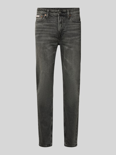 Produktfoto, Slim Fit Jeans mit Label-Patch Modell 'HEARST' von Calvin Klein Jeans, grau, Used-Look, 5-Pocket, Baumwoll-Elasthan-Mix