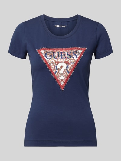 Produktfoto, T-Shirt mit Logo und Rundhalsausschnitt van Guess, katoen-elastaanmix, slim fit, navyblauw, logo op voorkant, ruglengte maat S 58 cm