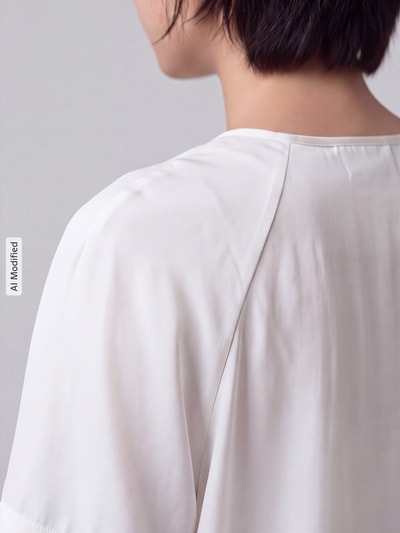 Frauenmodel trägt Relaxed Fit Bluse mit gelegten Falten von comma aus weißem Satin, elastischer Material-Mix, Nahaufnahme Schulter, KI-modifiziertes Bild