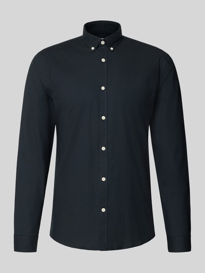 Produktfoto, Regular Fit Freizeithemd aus Baumwoll-Mix Modell 'Oxford' von Lindbergh, mieszanka bawełny i elastanu, kołnierzyk typu button down, mankiety zapinane na 1 guzik, zaokrąglony dół, długość tyłu w rozmiarze M: 77 cm, szerokość ramion w rozmiarze M: 44 cm, długość rękawów w rozmiarze M: 66 cm, czarny, gładka faktura, białe guziki