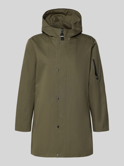 Produktfoto, Regular Fit Jacke mit Kapuze Modell 'Spirit' von G-LAB aus olivgrünem Baumwoll-Mix mit Reißverschluss, Abdeckleiste, Eingrifftaschen, Armtasche mit Reißverschluss und Logo-Detail, Rückenlänge 86 cm, Schulterbreite 49 cm, Brustweite 56 cm, Ärmellänge 62 cm.