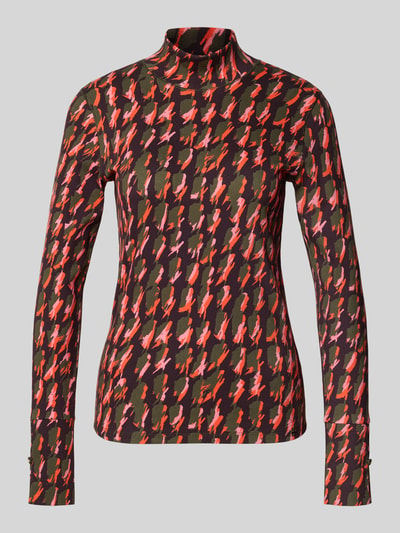 Productfoto, Longsleeve met col van Marc Cain, katoen-elastaanmix, getailleerde fit, ribstructuur, knopen aan mouwuiteinden, ruglengte maat 36: 58 cm, veelkleurig met rood, roze en groen abstract patroon