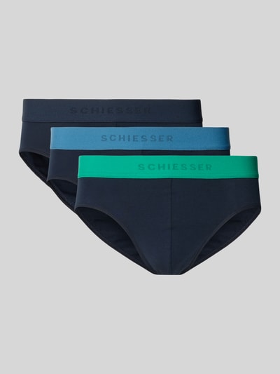 Produktfoto, Slim Fit Slip aus Baumwoll-Mix im 3er-Pack Modell 'Rio' von SCHIESSER in Dunkelblau mit kontrastfarbigem Bund, elastische Textur