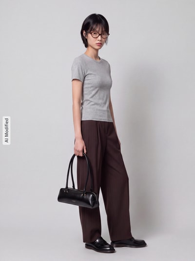 Frauenmodel trägt graues Slim Fit T-Shirt aus Baumwoll-Mix Modell 'RILEY' von ONLY, kombiniert mit brauner Hose, Ganzkörperansicht von vorne, Damen T-Shirt von ONLY, KI-modifiziertes Bild.