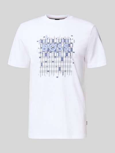 Productfoto, wit Regular Fit T-Shirt uit zuivere katoen model 'THOMPSON' van BOSS, unidesign met label print, ronde hals, korte mouw, glad textuur.