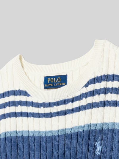 Productfoto, Regular Fit Pullover und Rock aus reiner Baumwolle im Set van Polo Ralph Lauren Teens, structuur met kabelpatroon, logo-stitching, ronde hals, korte mouwen, elastische boord, minilengte, gebreid katoen, blauw-wit