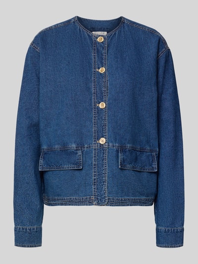 Productfoto, Regular Fit Leinenjacke in Denim-Optiek van Christian Berg Woman, linnenmix met katoen, ronde hals, klepzakken, doorlopende knopenrij, blauwe kleur, zichtbare stiksels, gladde textuur