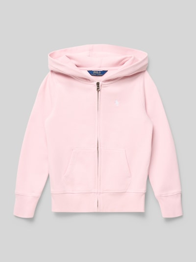 Productfoto, Regular Fit Sweatjacke aus Baumwoll-Mix van Polo Ralph Lauren Teens, effen lichtroze, rits, logo, capuchon, geribde boorden, sweattextuur